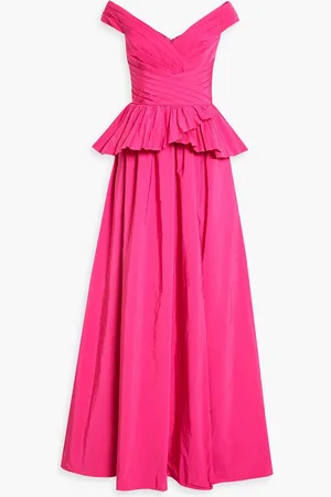 Marchesa Notte Off-the-shoulder pleated ruffled taffeta gown