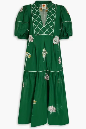 Farm Rio Embroidered cotton-voile midi dress - Green