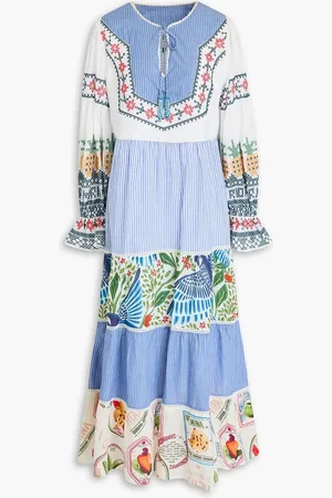 Farm Rio Embellished printed cotton-mousseline maxi dress - Blue