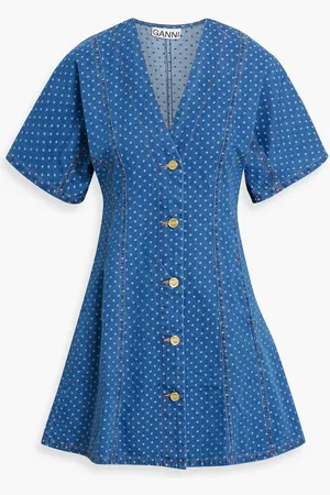 Ganni Polka-dot denim-jacquard mini dress - Blue