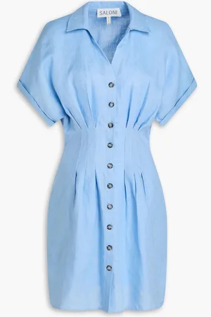 SALONI Pleated linen mini shirt dress - Blue