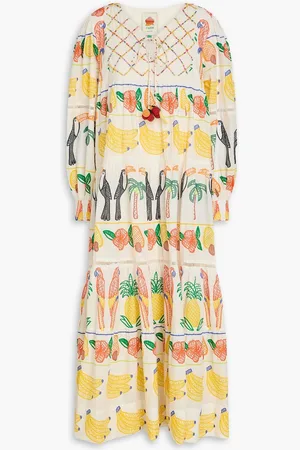 Farm Rio Embellished tiered printed cotton-voile midi dress