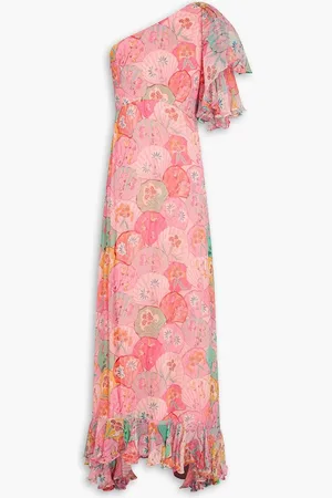 SALONI Danielle one-shoulder ruffled floral-print silk-crepon maxi dress - Pink
