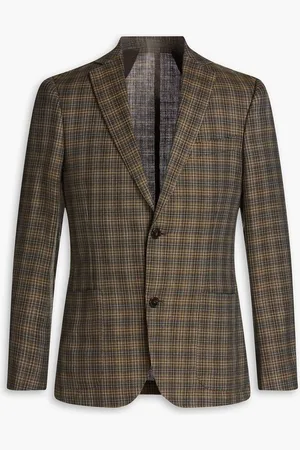 OFFICINE GENERALE Wool and linen-blend checked blazer - Neutral