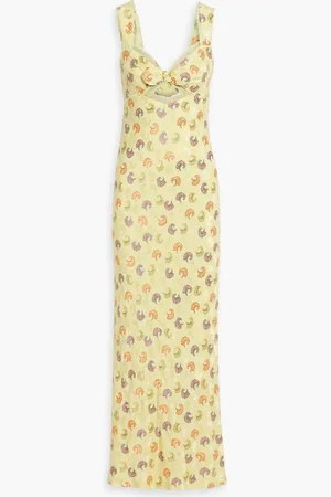 SALONI Lina lace-trimmed silk-blend satin-jacquard maxi dress - Yellow