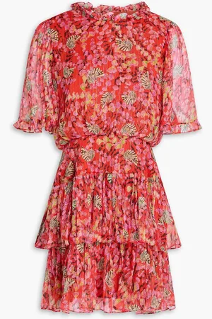 SALONI Ava tiered metallic floral-print silk-blend chiffon mini dress - Red
