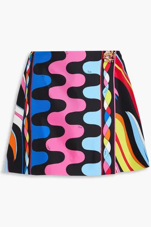Puccini Embellished printed silk-twill mini wrap skirt
