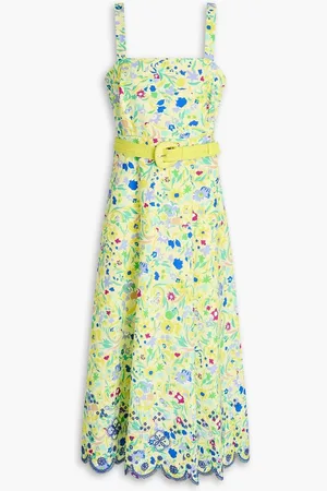 SALONI Belted printed cotton-poplin midi dress - Yellow