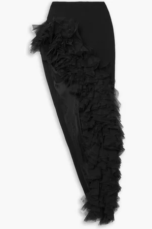 DAVID KOMA Asymmetric ruffled tulle-trimmed wool-crepe maxi skirt