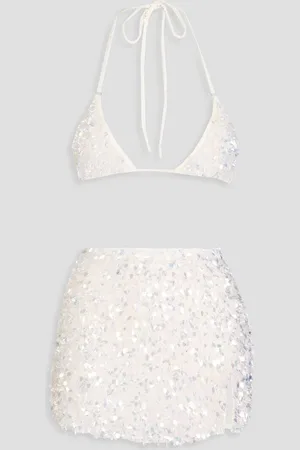 Leslie Amon Crushed Shell embellished stretch-chiffon bikini top and mini skirt set - White