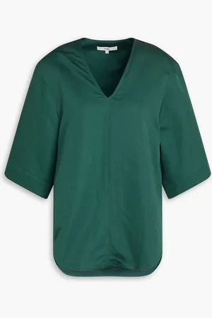 tibi Cotton and linen-blend sateen top - Green