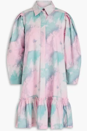 Ganni Ruffled printed cotton-poplin mini shirt dress - Purple