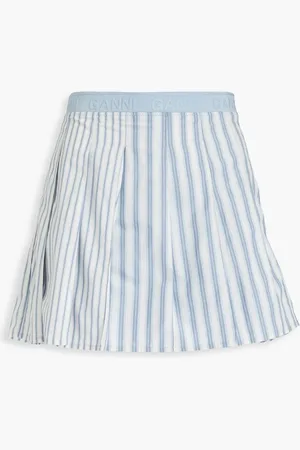 Ganni Pleated striped cotton-poplin mini skirt - Blue