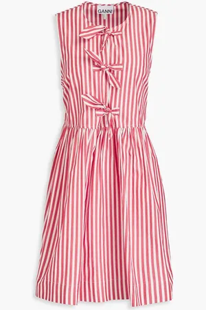 Ganni Tie-detailed striped cotton-poplin mini dress