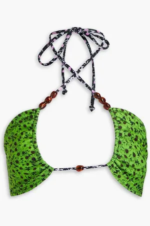 Ganni Embellished floral-print halterneck bikini top - Green