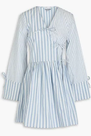 Ganni Tie-detailed striped cotton-poplin mini wrap dress - Blue