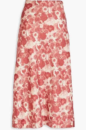 Ganni Floral-print crinkled-satin midi skirt - Red