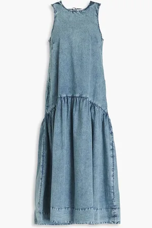 Ganni Gathered cotton-poplin midi dress - Blue