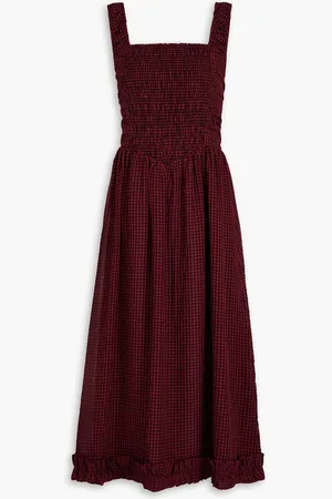 Ganni Cutout gingham seersucker midi dress - Burgundy