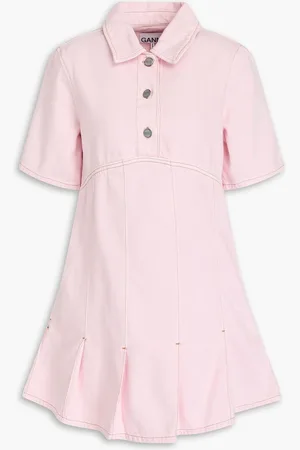 Ganni Pleated denim mini shirt dress - Pink