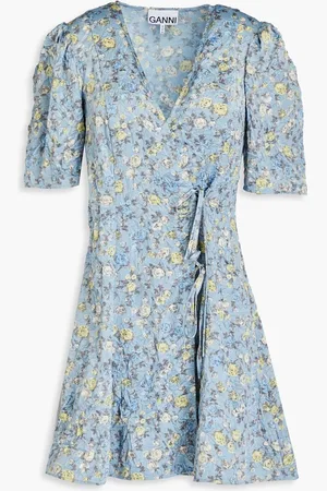 Ganni Floral-print crinkled-satin mini wrap dress - Blue