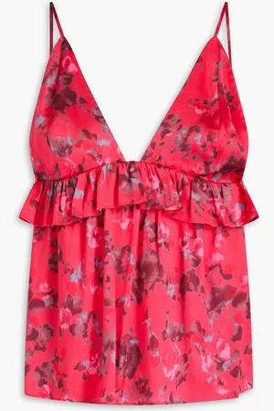 Ganni Ruffled printed sati camisole - Pink