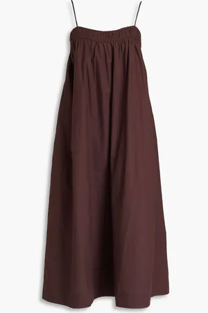 Ganni Gathered cotton-poplin midi dress - Brown
