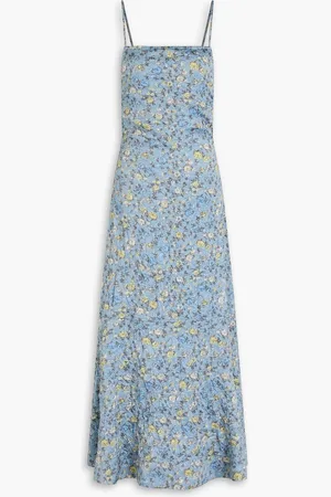 Ganni Crinkled floral-print satin midi dress - Blue