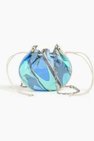 Puccini Printed silk-twill and leather bucket bag - Blue