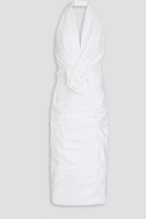 Carolina Herrera Floral-appliquéd cotton-blend poplin halterneck midi dress