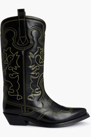 Ganni Mid Shaft Embroidered Western Boot Yellow St for Women | The Deal Outlet
