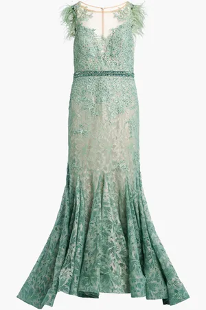 Mac Duggal Embellished Feather Cap Sleeve Illusion Neck Trump for Women | The Deal Outlet