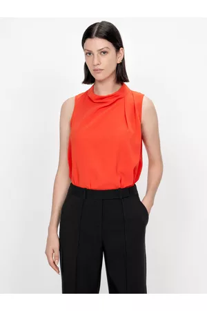 Veronika Maine Women Tops - Twill Crepe Tuck Neck Top Tangerine