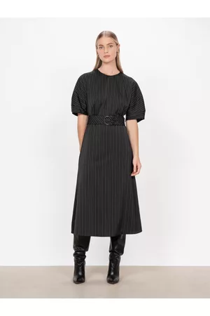 Veronika Maine Women Midi Dresses - Shadow Pinstripe Midi Dress Black/White
