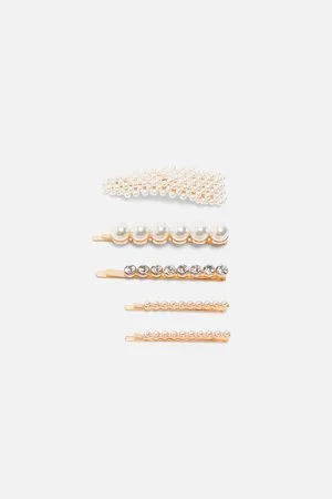 Zara Pack of hair clips with pearl beads and rhinestones