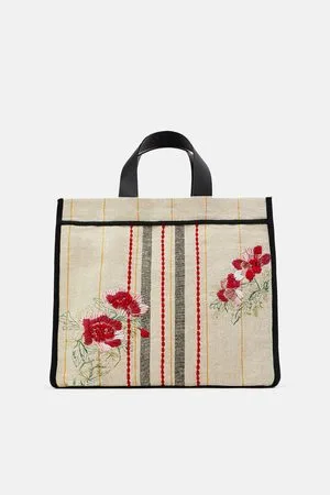 Zara Women Tote Bags - Embroidered fabric tote bag